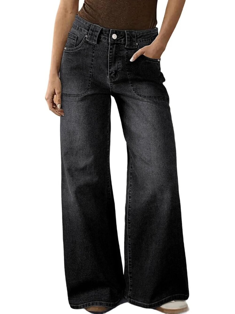 Women's Black High Waisted Wide Leg Jeans Denim Pants Front Patch Pockets